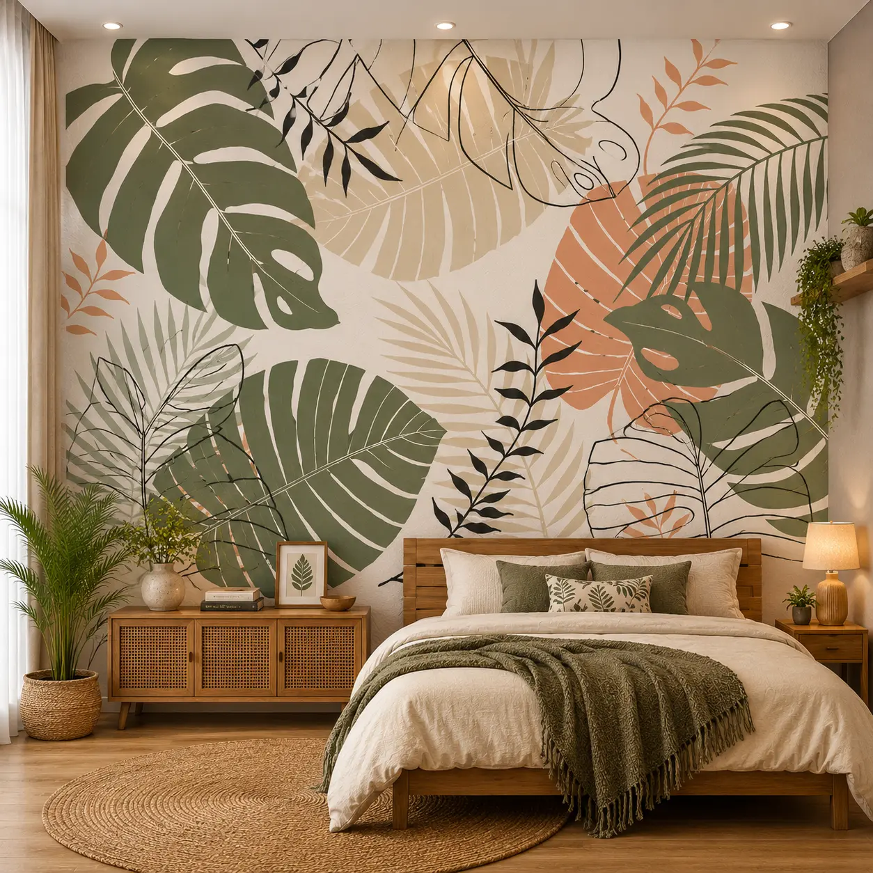 Modern Tropical Botanical Line Art Wallpaper Mural Monstera & Palm Leaves 1 Modern Tropical Botanical Line Art Wallpaper Mural Monstera & Palm Leaves