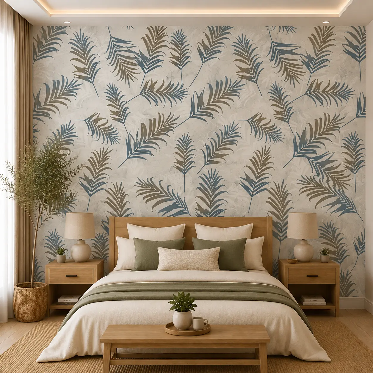 Modern Tropical Leaf Wallpaper with Blue Taupe Botanical Design 1 Modern Tropical Leaf Wallpaper with Blue Taupe Botanical Design