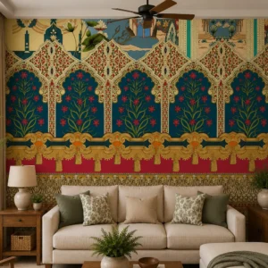 Moroccan Ornate Arch & Floral Damask Pattern Wallpaper