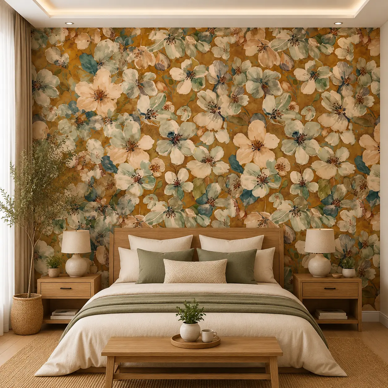 Ochre & Cream Floral Wallpaper 1 Vintage Floral Wallpaper – Warm Ochre Botanical Design