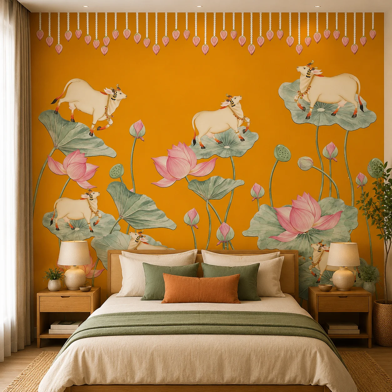 Orange Indian Cow & Lotus Pichwai Wallpaper 1 Orange Indian Cow & Lotus Pichwai Wallpaper