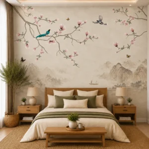 Oriental Blossom & Birds Wallpaper with Serene Mountain Scene