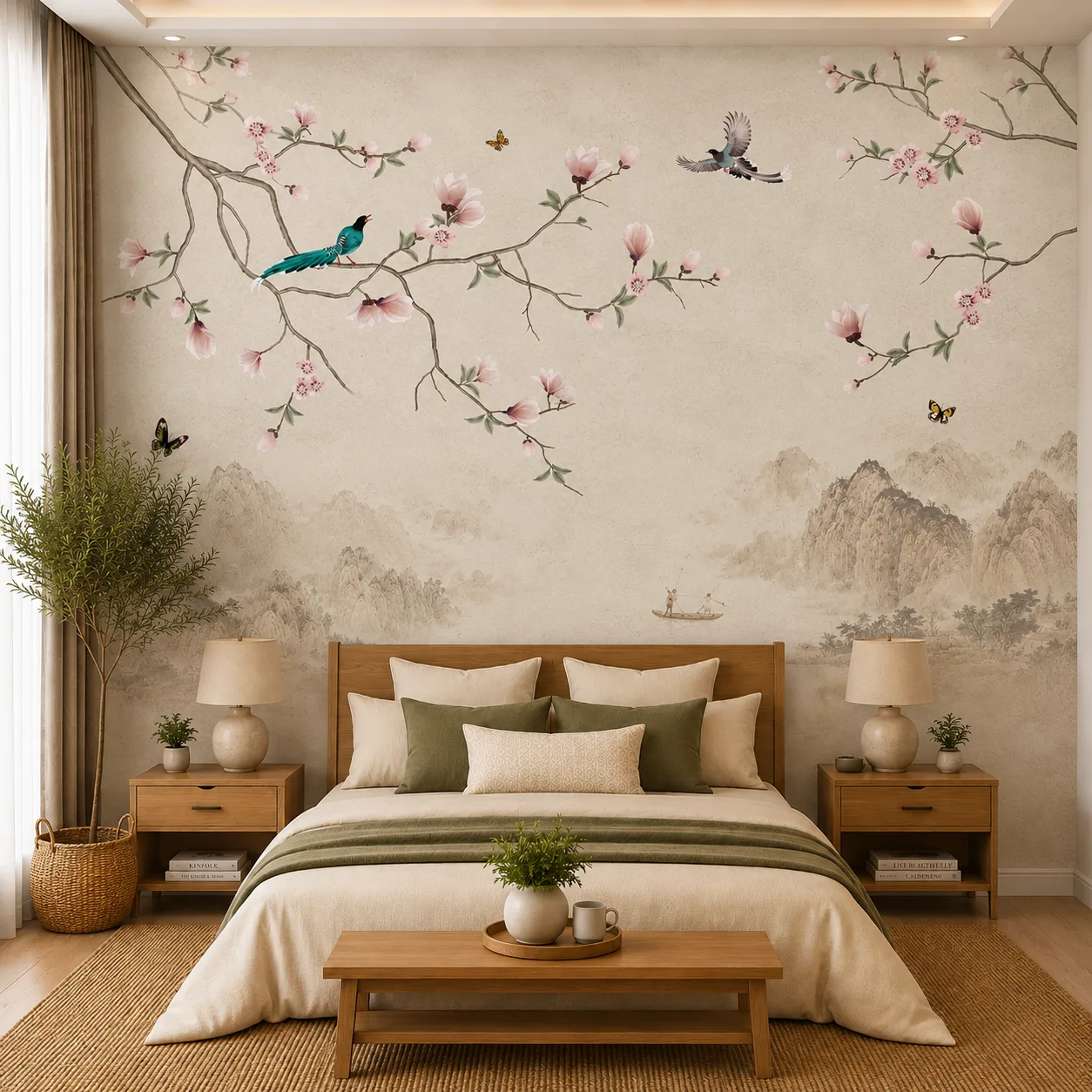 Oriental Blossom & Birds Wallpaper with Serene Mountain Scene 1 Oriental Blossom & Birds Wallpaper with Serene Mountain Scene