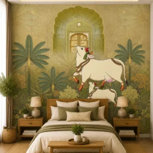 Ornate Arch, Indian Cow & Calf Heritage Wallpaper for Temple