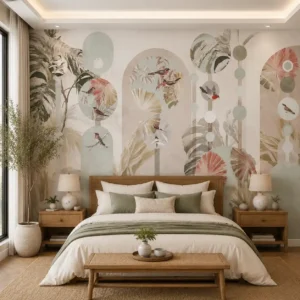 Pastel Botanical Bird, Tropical Leaves & Scenic Nature Wallpaper Mural