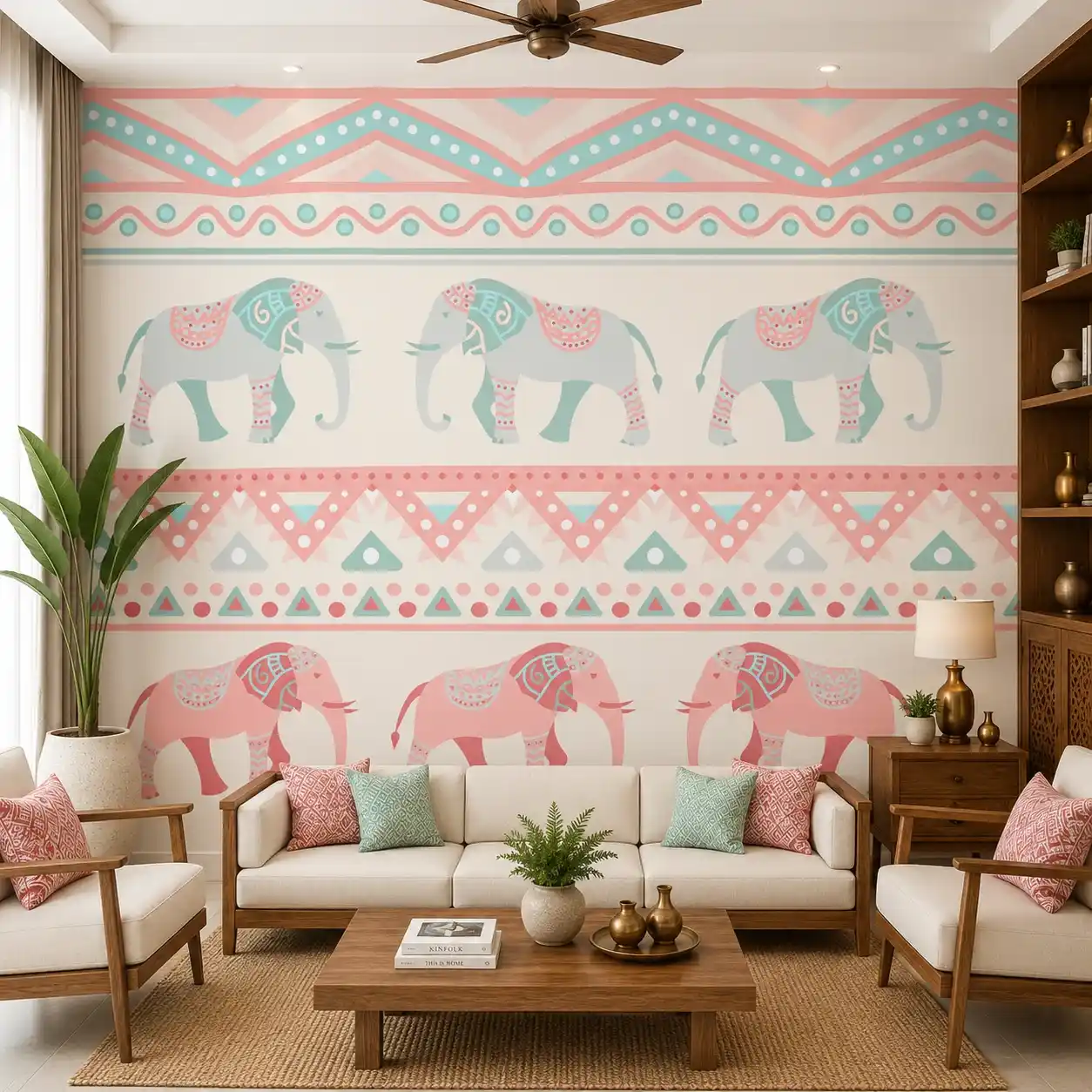 Pastel Elephant Wallpaper with Pink & Mint Indian Design 1 Pastel Elephant Wallpaper with Pink & Mint Indian Design