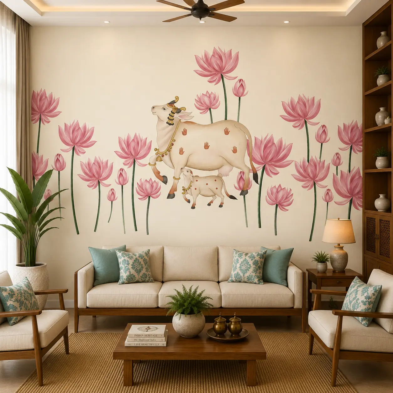 Pink Lotus & Sacred Cow Wallpaper for Mandir 1 Pink Lotus & Sacred Cow Wallpaper for Mandir