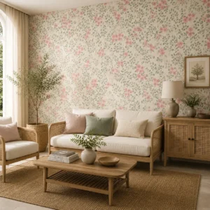 Pink & Sage, Delicate Floral Vine Wallpaper