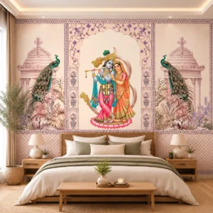 Radha Krishna Heritage Wallpaper with Peacock Palace Design
