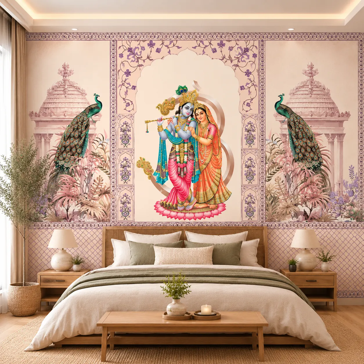 Radha Krishna Heritage Wallpaper with Peacock Palace Design 1 Radha Krishna Heritage Wallpaper with Peacock Palace Design
