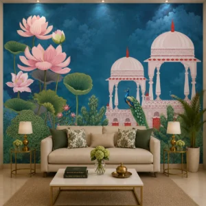 Royal Lotus Garden and Peacock Palace Design Wallpaper