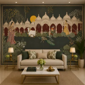 Royal Mughal Palace Inspired Peacock & Court Scene Wallpaper