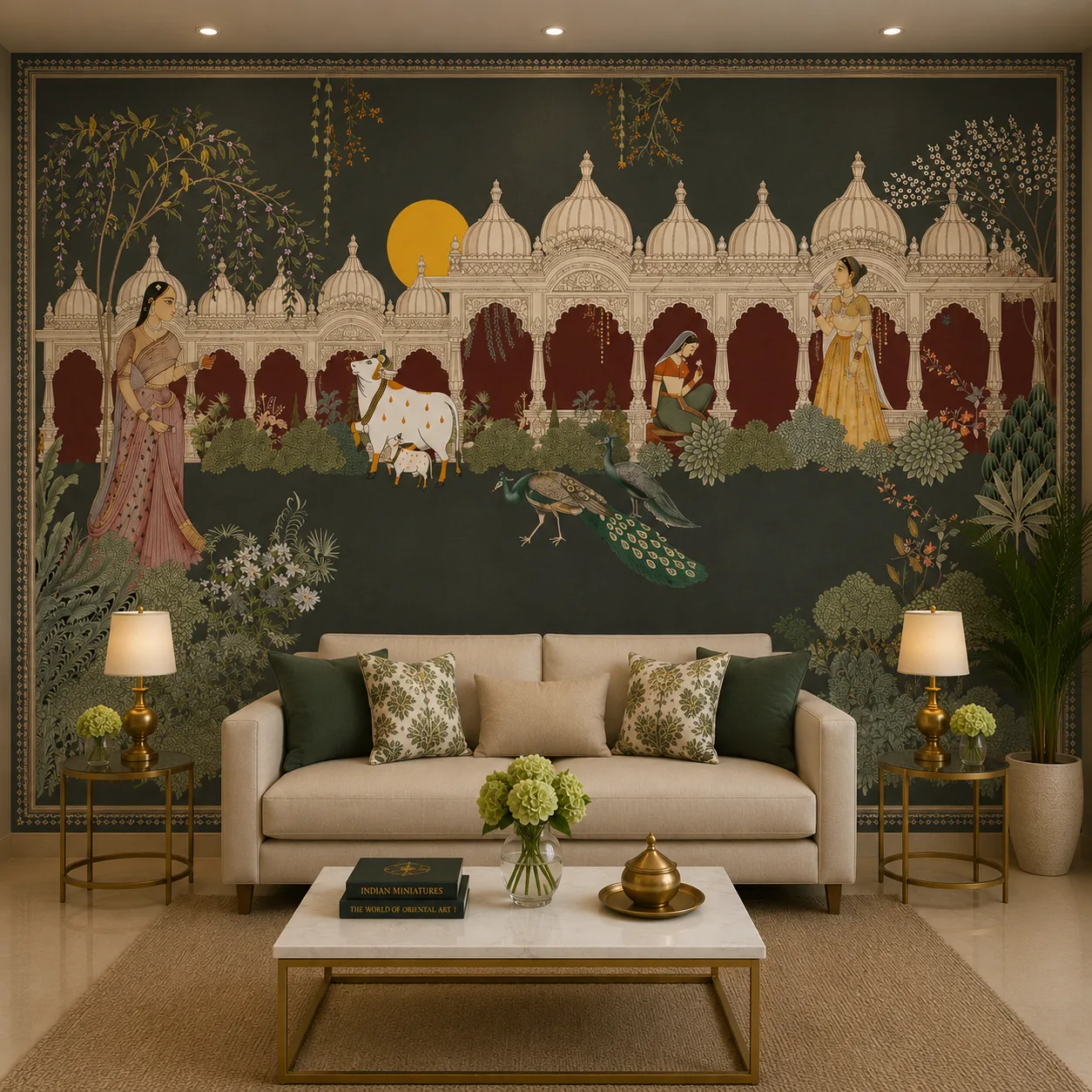 Royal Mughal Palace Inspired Peacock & Court Scene Wallpaper 1 Royal Mughal Palace Inspired Peacock & Court Scene Wallpaper