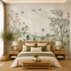 Serene Botanical Landscape Birds & Trees Scene Wallpaper