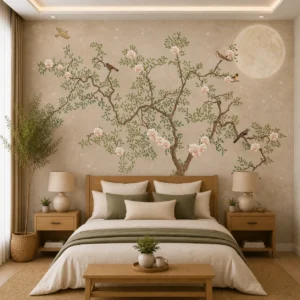 Serene Floral Tree & Birds Wallpaper with Moon Accent