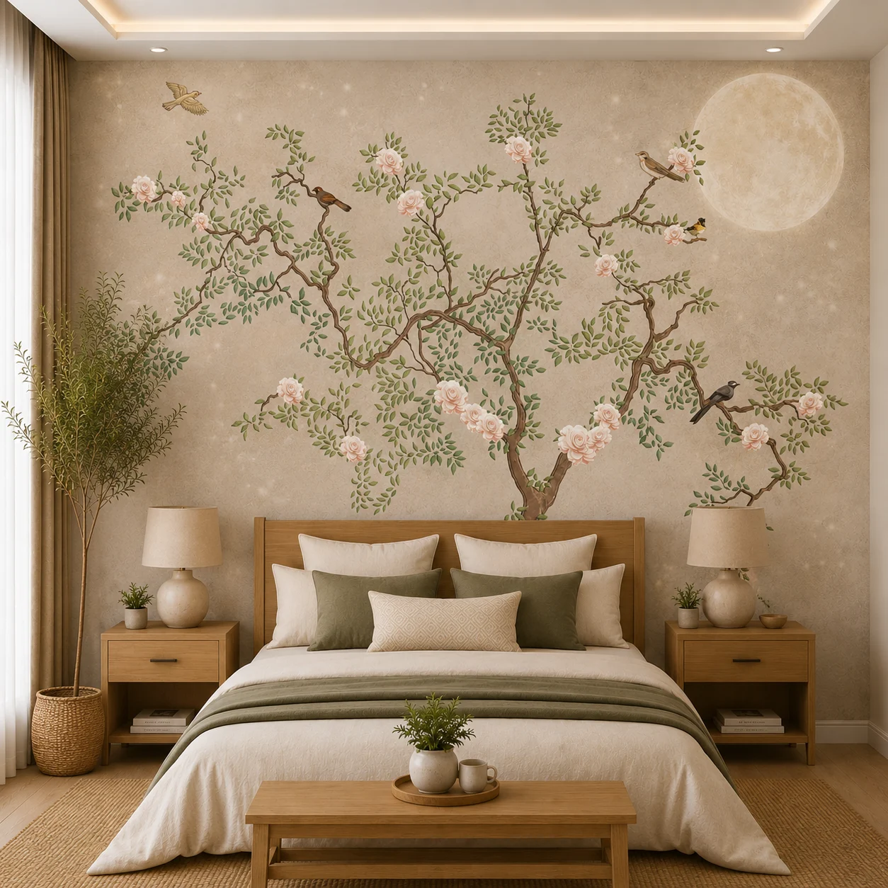 Serene Floral Tree & Birds Wallpaper with Moon Accent 1 Serene Floral Tree & Birds Wallpaper with Moon Accent