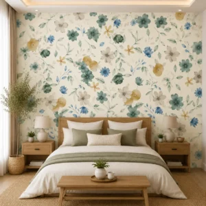 Soft Pastel Floral Wallpaper with Blue & Mustard Botanical Design