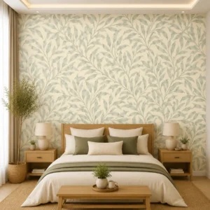 Soft Sage Leaf Wallpaper with Minimal Botanical Vine Design