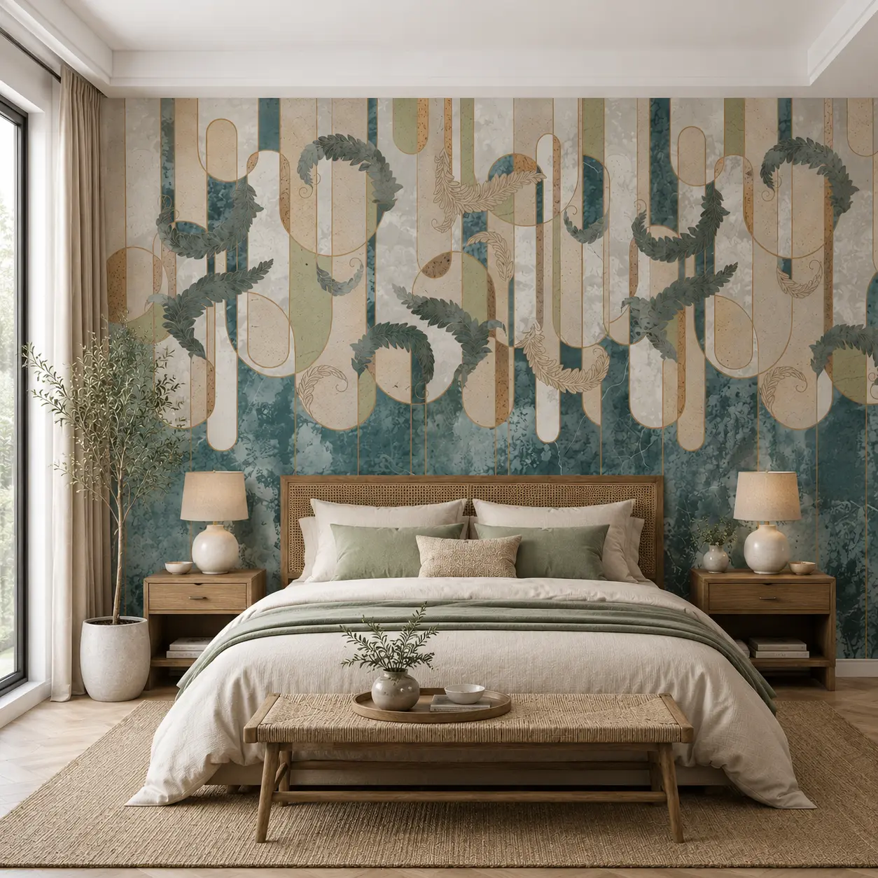 Teal Botanical Wallpaper with Abstract Arch & Leaf Design 1 Teal Botanical Wallpaper with Abstract Arch & Leaf Design