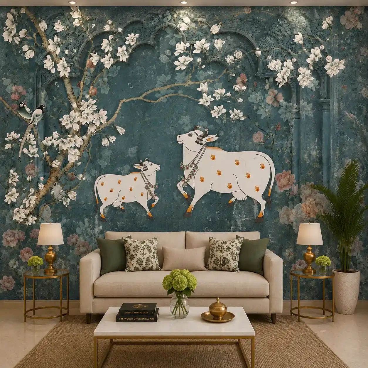 Teal Pichwai Cow Wallpaper with Magnolia Blossoms 1 Teal Pichwai Cow Wallpaper with Magnolia Blossoms