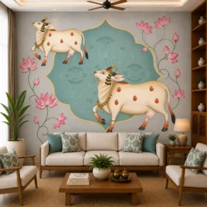 Teal & Pink Indian Cow & Lotus Wallpaper