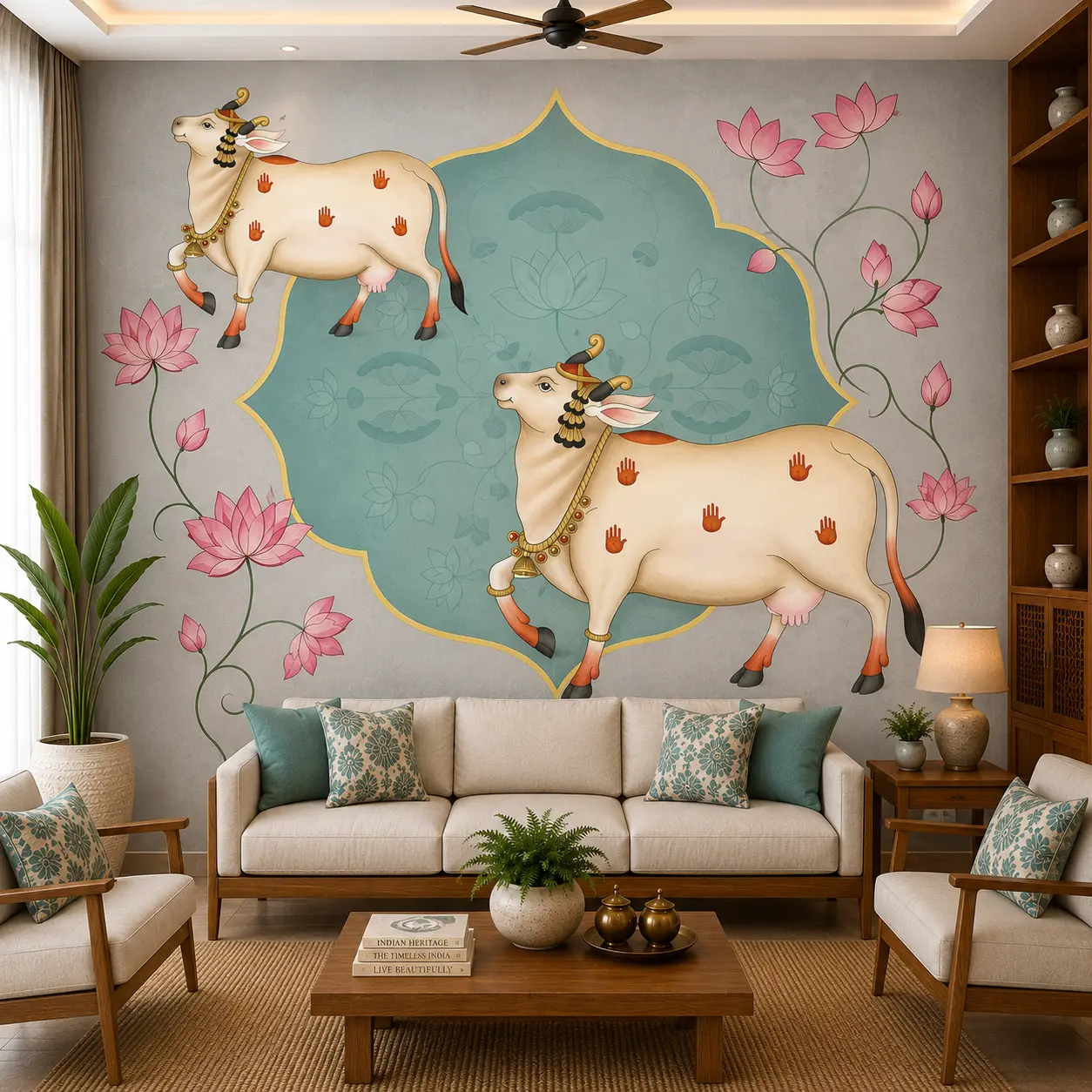 Teal & Pink Indian Cow & Lotus Wallpaper 1 Teal & Pink Indian Cow & Lotus Wallpaper