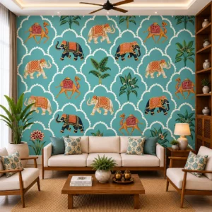 Teal Rajasthani Elephant & Camel Wallpaper