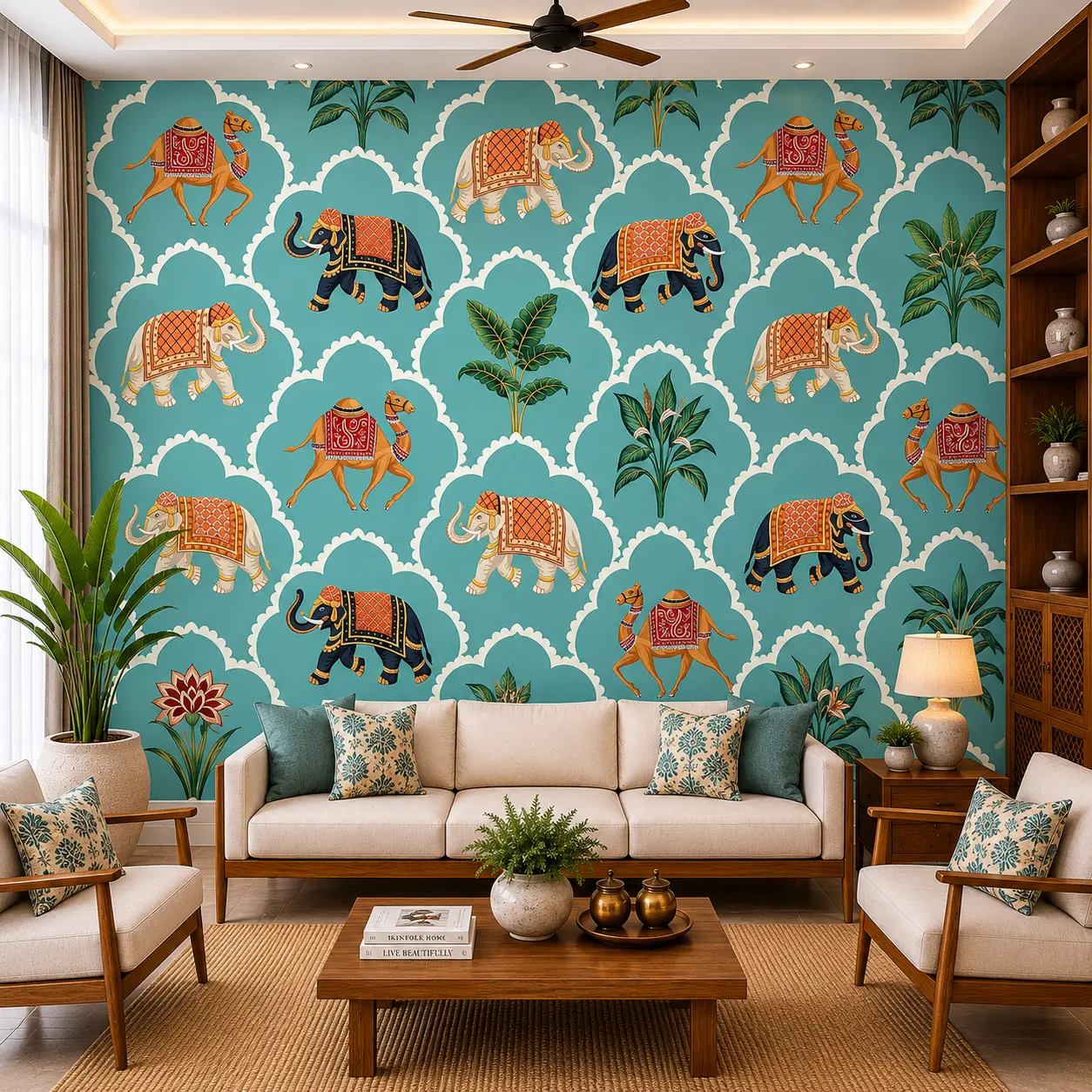 Teal Rajasthani Elephant & Camel Wallpaper 1 Teal Rajasthani Elephant & Camel Wallpaper