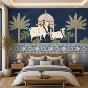 Traditional Blue Pichwai Cow Wallpaper for Temple