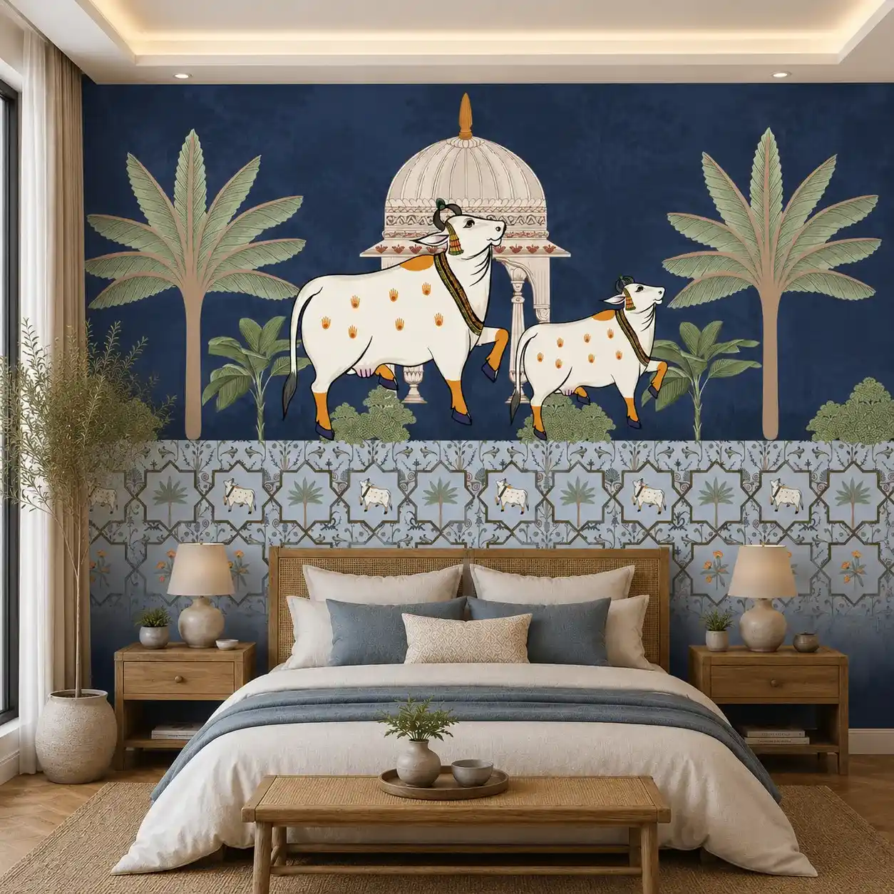 Traditional Blue Pichwai Cow Wallpaper for Temple 1 Traditional Blue Pichwai Cow Wallpaper for Temple