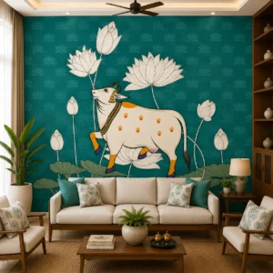 Traditional Floral, Sacred Cow & Lotus Teal Wallpaper