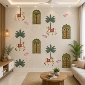 Traditional Heritage Cow, Arch & Palm Tree Design Wallpaper