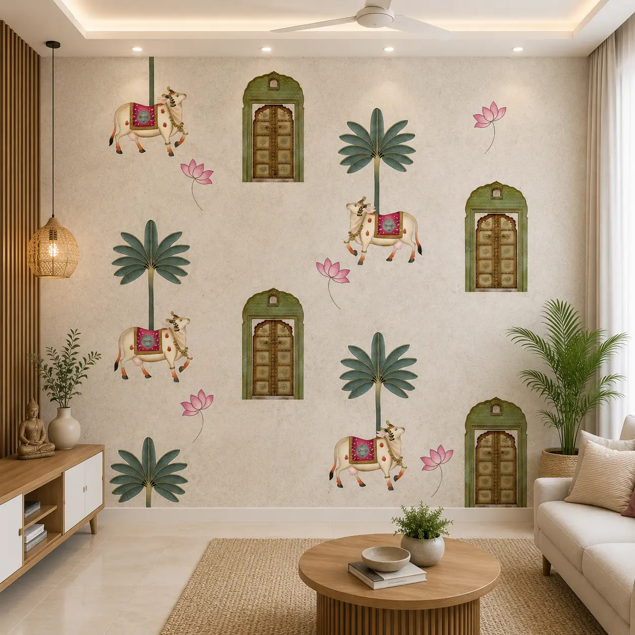 Traditional Heritage Cow, Arch & Palm Tree Design Wallpaper 1 Traditional Heritage Cow, Arch & Palm Tree Design Wallpaper