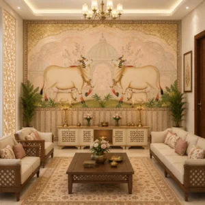 Traditional Indian Cow & Calf Pichwai Wallpaper for Puja Room