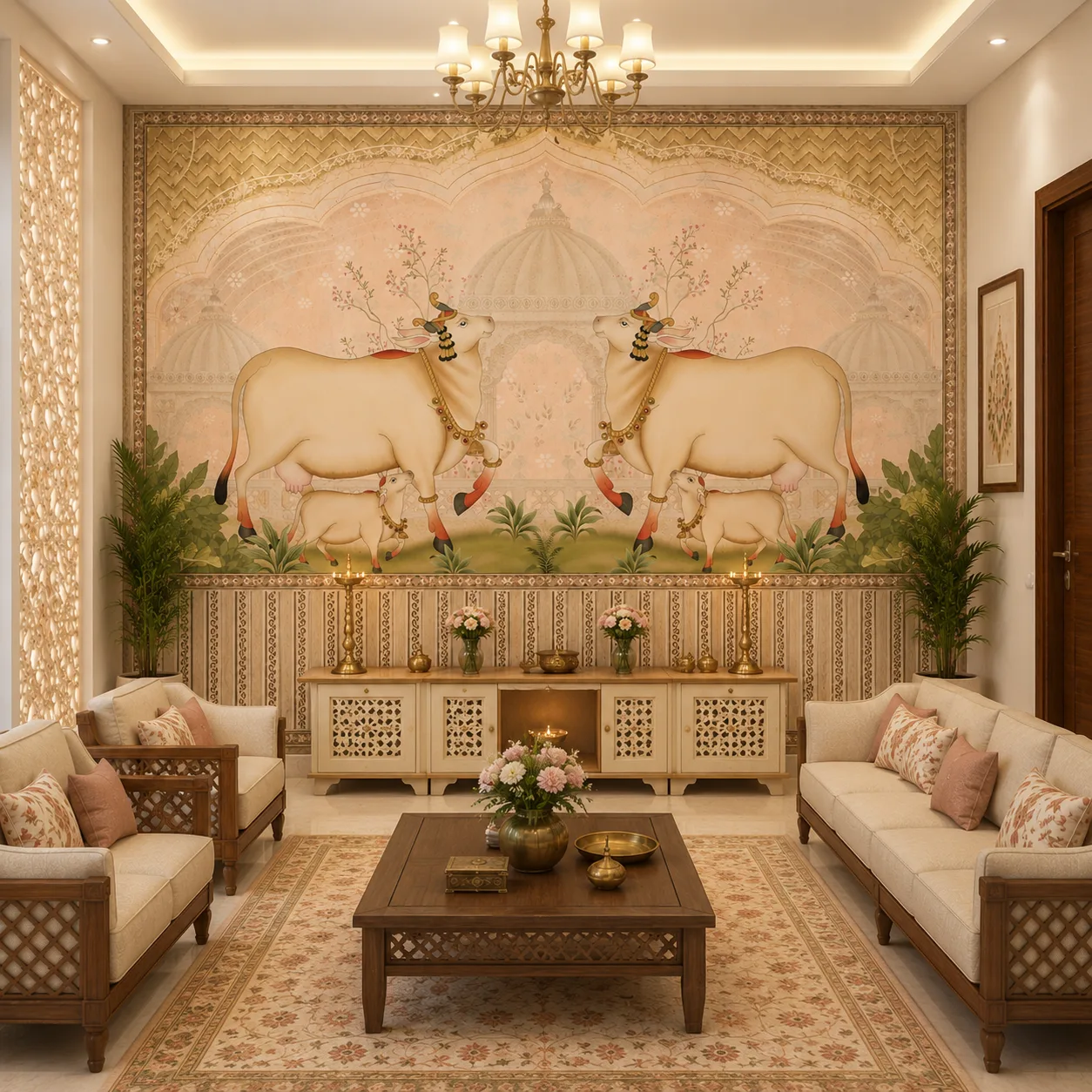 Traditional Indian Cow & Calf Pichwai Wallpaper for Puja Room 1 Traditional Indian Cow & Calf Pichwai Wallpaper for Puja Room
