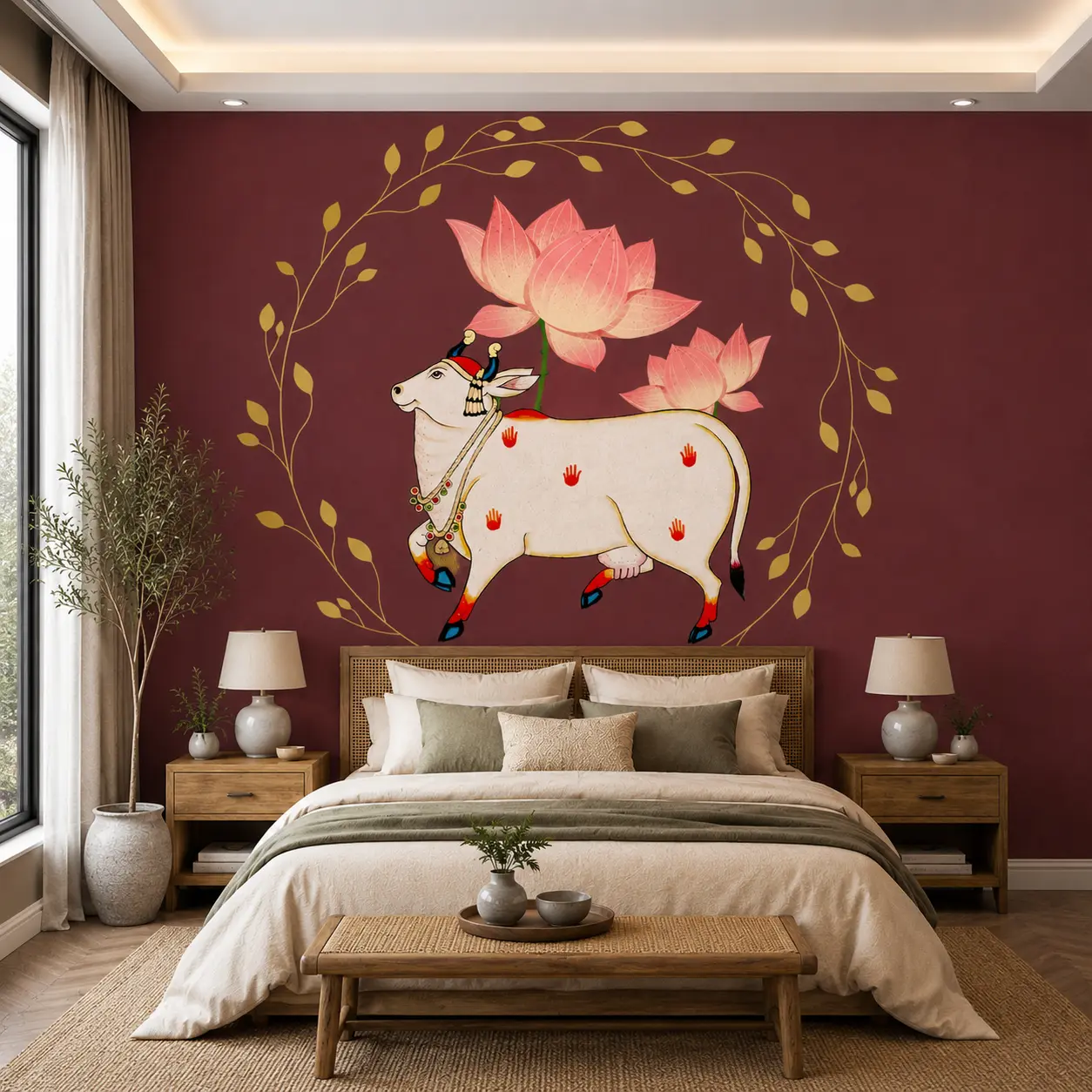 Traditional Indian Folk Art Sacred Cow & Lotus Wallpaper 1 Traditional Indian Folk Art Sacred Cow & Lotus Wallpaper