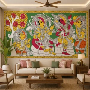 Traditional Indian Folk Art Wallpaper with Vibrant Figures, Floral Tree & Heritage Border