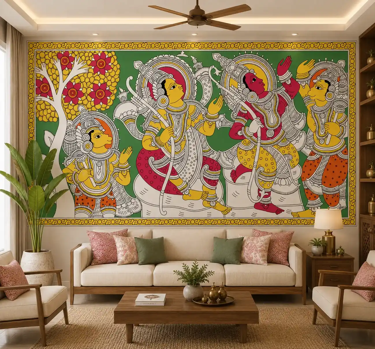 Traditional Indian Folk Art Wallpaper with Vibrant Figures, Floral Tree & Heritage Border 1 Traditional Indian Folk Art Wallpaper with Vibrant Figures, Floral Tree & Heritage Border