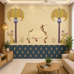 Traditional Indian Pichwai Cow & Ornamental Tree Wallpaper