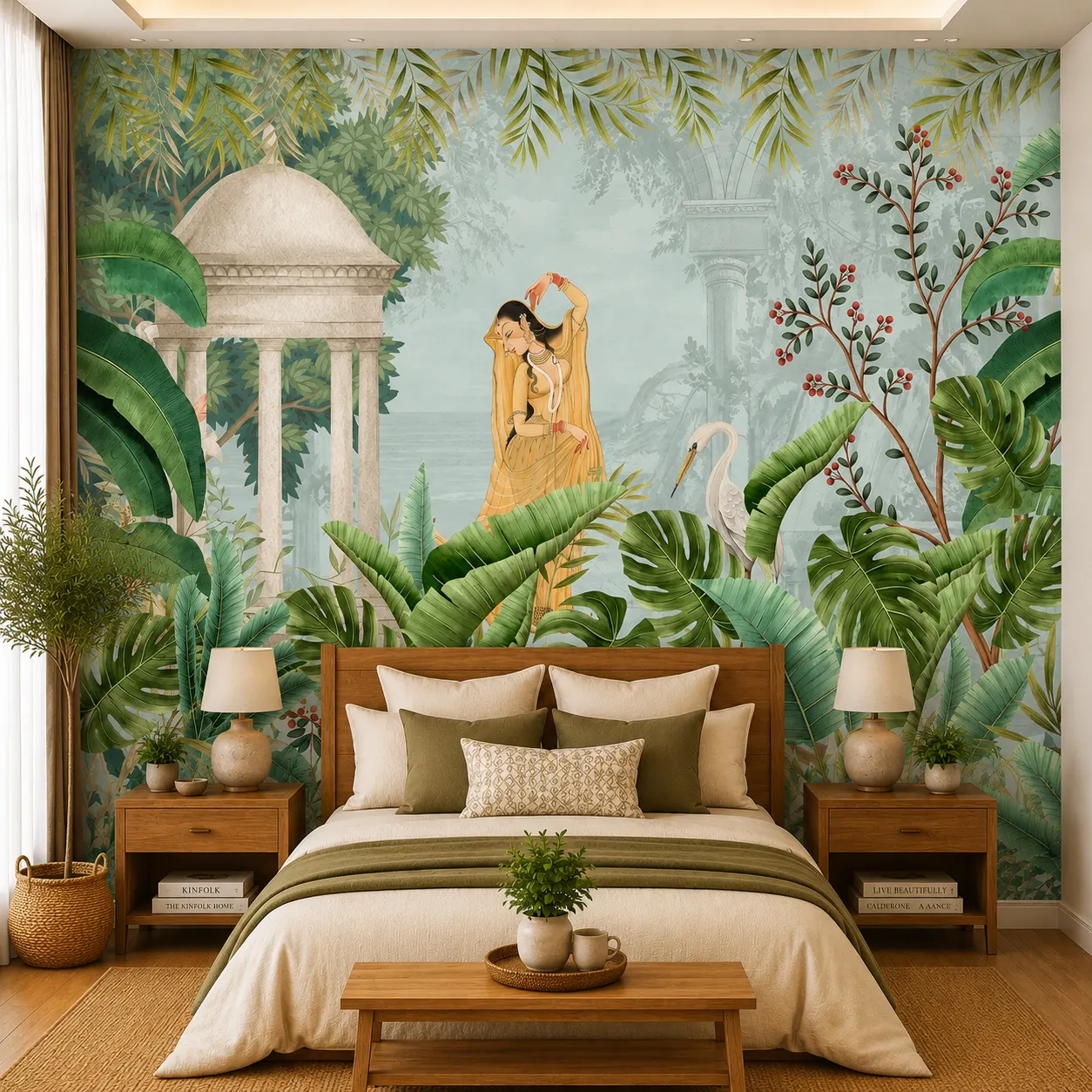 Traditional Indian Woman, Swan & Palace Garden Botanical Wallpaper 1 Traditional Indian Woman, Swan & Palace Garden Botanical Wallpaper