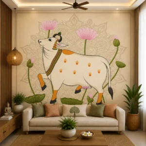 Traditional Pichwai Art Cow & Pink Lotus Wallpaper