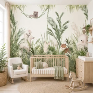 Tropical Animal Jungle Safari Nursery Wallpaper