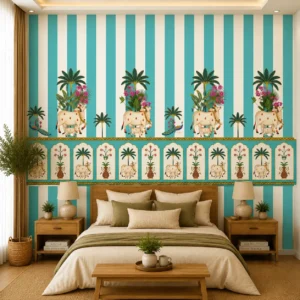 Turquoise Indian Cow & Calf Wallpaper Mural with Peacock Motifs