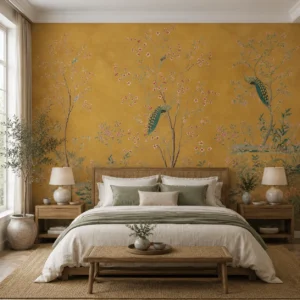 Vintage Botanical Bird Wallpaper with Mustard Floral Peacock
