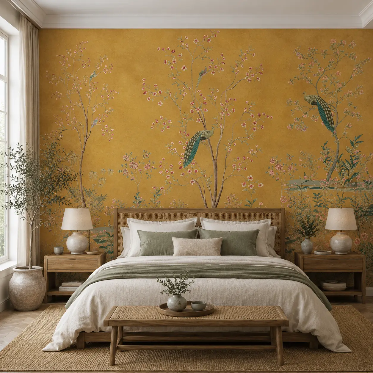 Vintage Botanical Bird Wallpaper with Mustard Floral Peacock 1 Vintage Botanical Bird Wallpaper with Mustard Floral Peacock