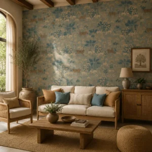 Vintage Indian Folk Art Wallpaper with Blue Beige Pastoral Scene
