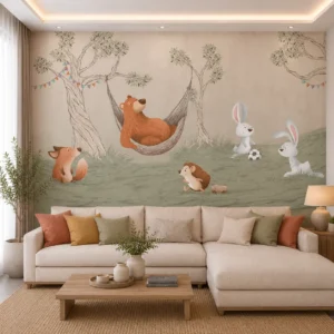 Woodland Friends Nursery Wallpaper with Bear, Bunny & Fox