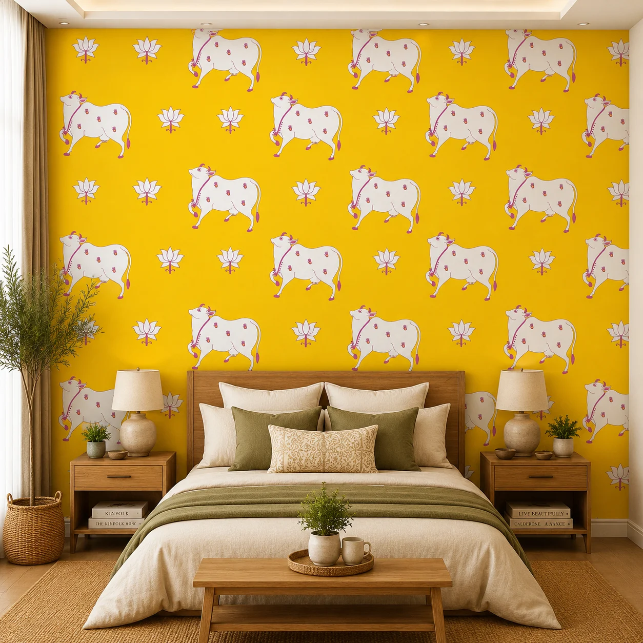 Yellow Cow & Lotus Folk Art Wallpaper for Pooja Room 1 Yellow Cow & Lotus Folk Art Wallpaper for Pooja Room