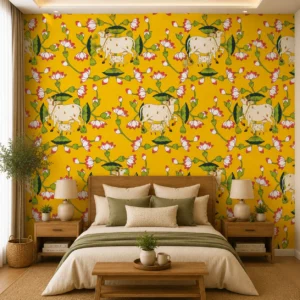 Yellow Indian Folk Art Floral Cow & Lotus Wallpaper