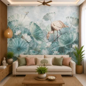 Asian Art, Blue Lotus & Crane Wallpaper